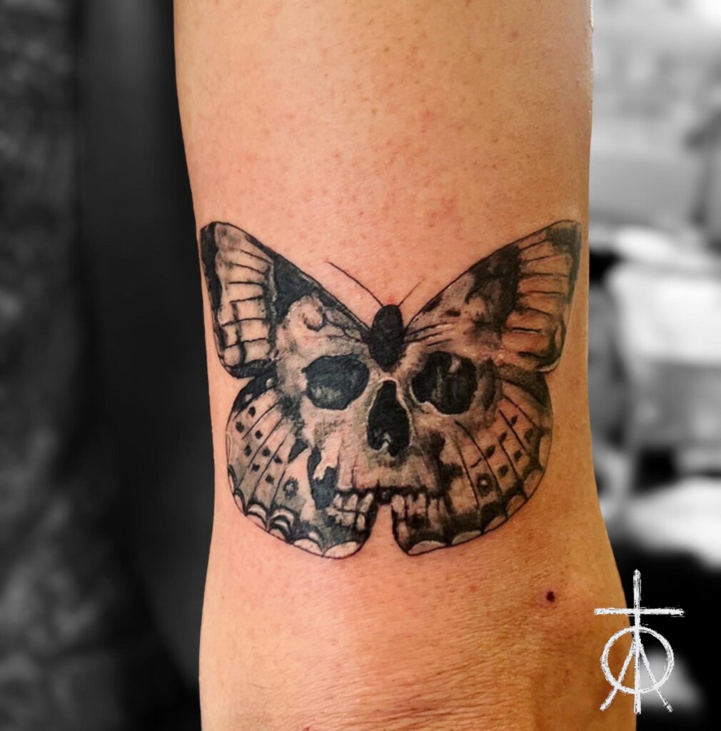 Black and Grey Tattoo, Moth Tattoo, Skull Tattoo
