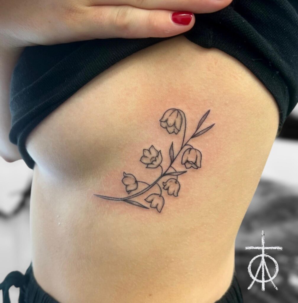 Fine Line Floral Tattoo, Lily of the valley Tattoo, Fine Line tattoo artist In Amsterdam