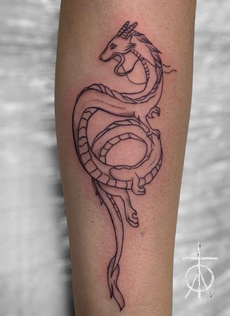 Fantasy Tattoo, Fine Line Dragon Tattoo by Claudia Fedorovici