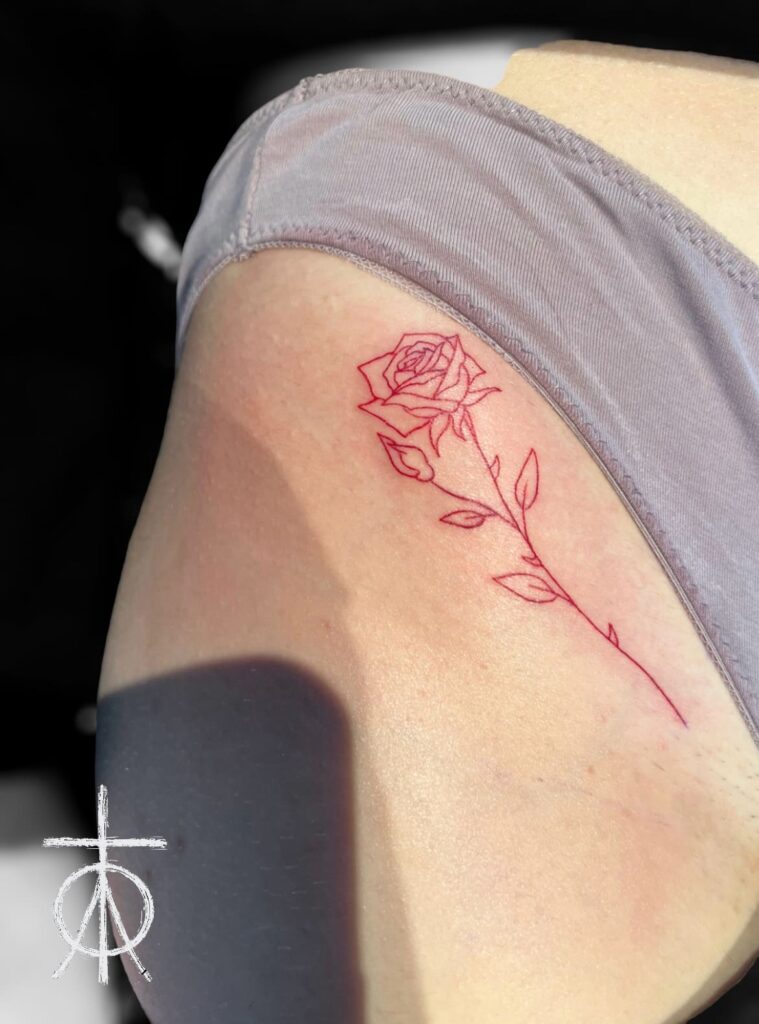 Fine Line Rose Tattoo, Cute Tattoo, Floral Tattoo, Red Ink Tattoo