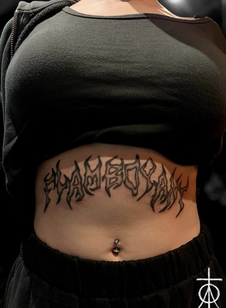 Blackwork Tattoo, Lettering Tattoo, Belly Tattoo by The Best Tattoo Artist Claudia Fedorovici