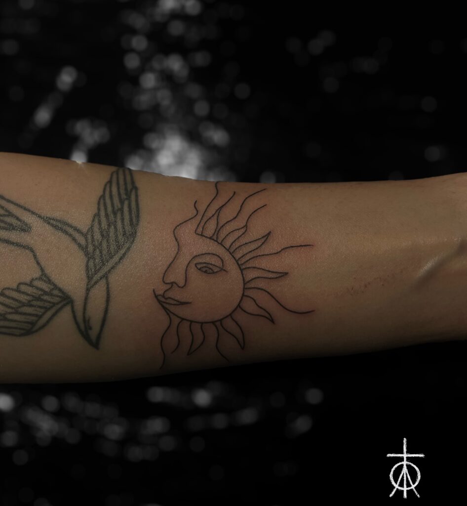 Fine Line Custom Sun Tattoo by The Best Tattoo Artist Claudia Fedorovici