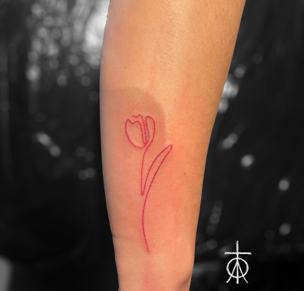 Fine Line Tulip Tattoo, Red Ink Tattoo, Amsterdam Tattoo by Claudia Fedorovici