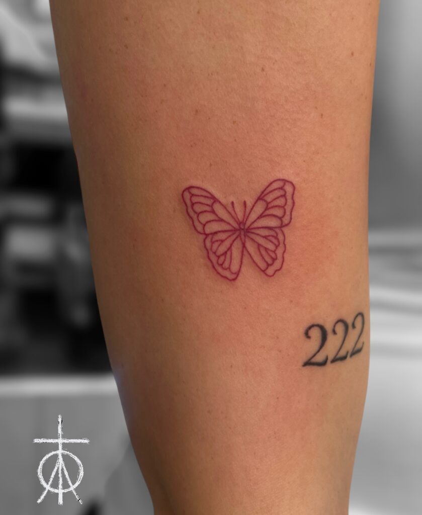 Red Ink Butterfly Tattoo, Fine Line Tattoo, Mini Tattoos