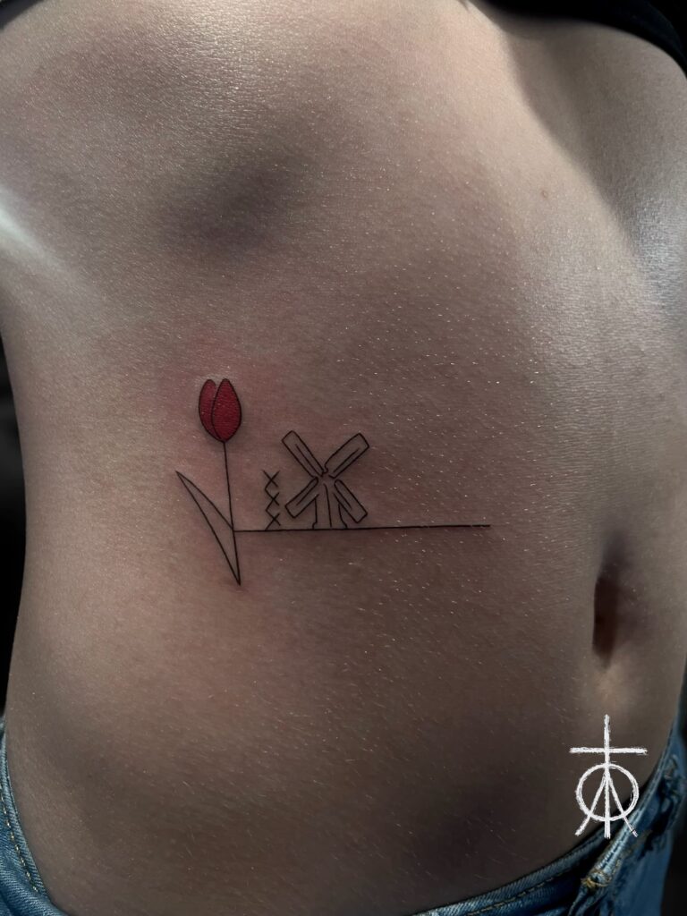 The Best Fine line Tattoo Artist, Red Ink ,Amsterdam Tattoo, Fine Line Tulip Tattoo