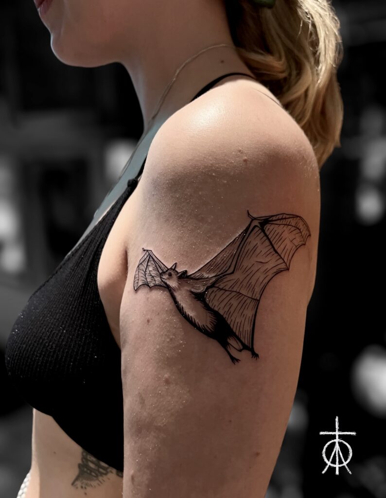 Graphic Bat Tattoo, Blackwork Tattoo, Fine Line Tattoo