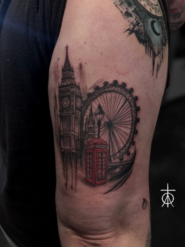 Travel Tattoo, London Tattoo, Micro Trash Polka Tattoo