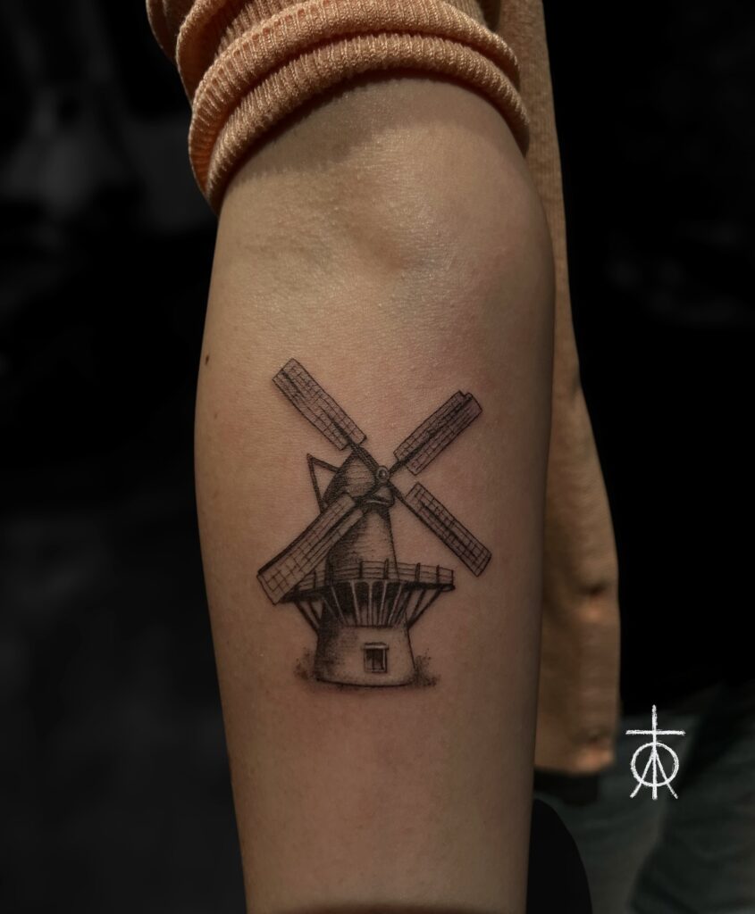 The Best Micro Realism Tattoo, Windmill Tattoo, Claudia Fedorovici, Tattoo Artist at Tempest Tattoo Studio Amsterdam